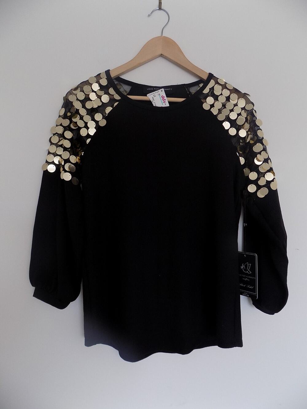 Love For Humanity Couture black knit top gold discs size Medium NWT